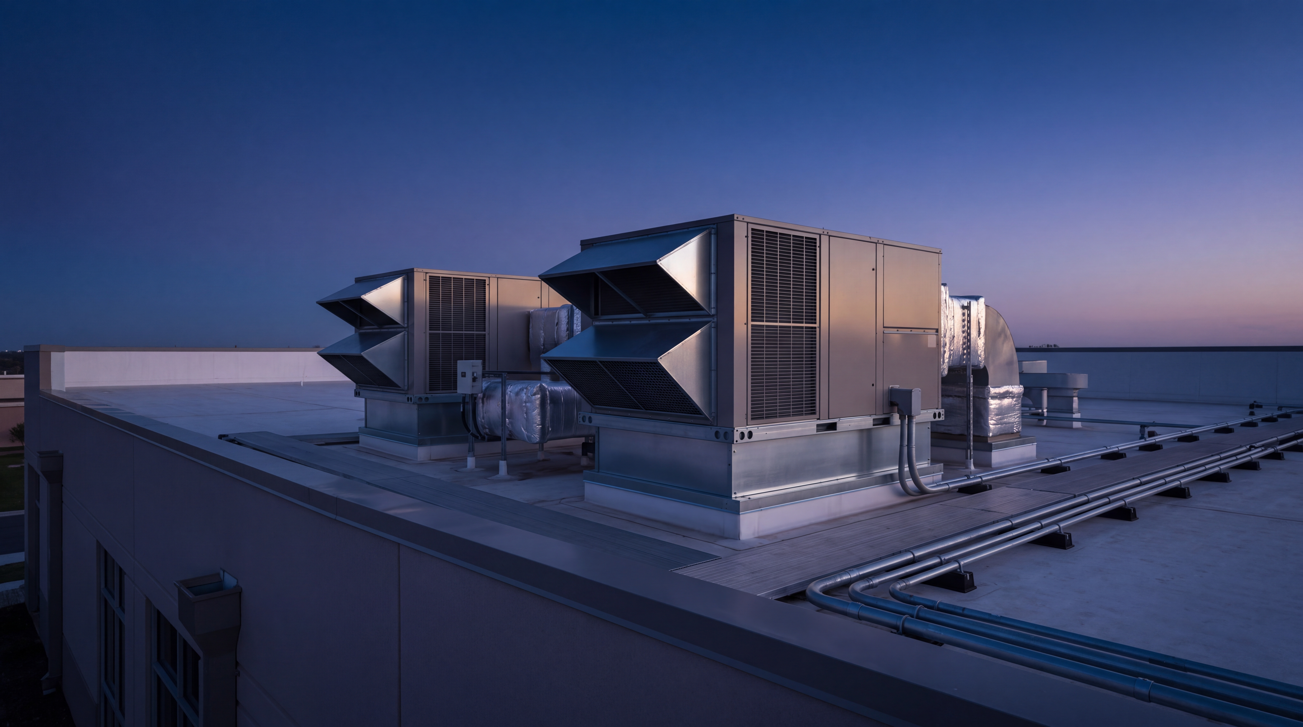 Commercial rooftop HVAC system at twilight