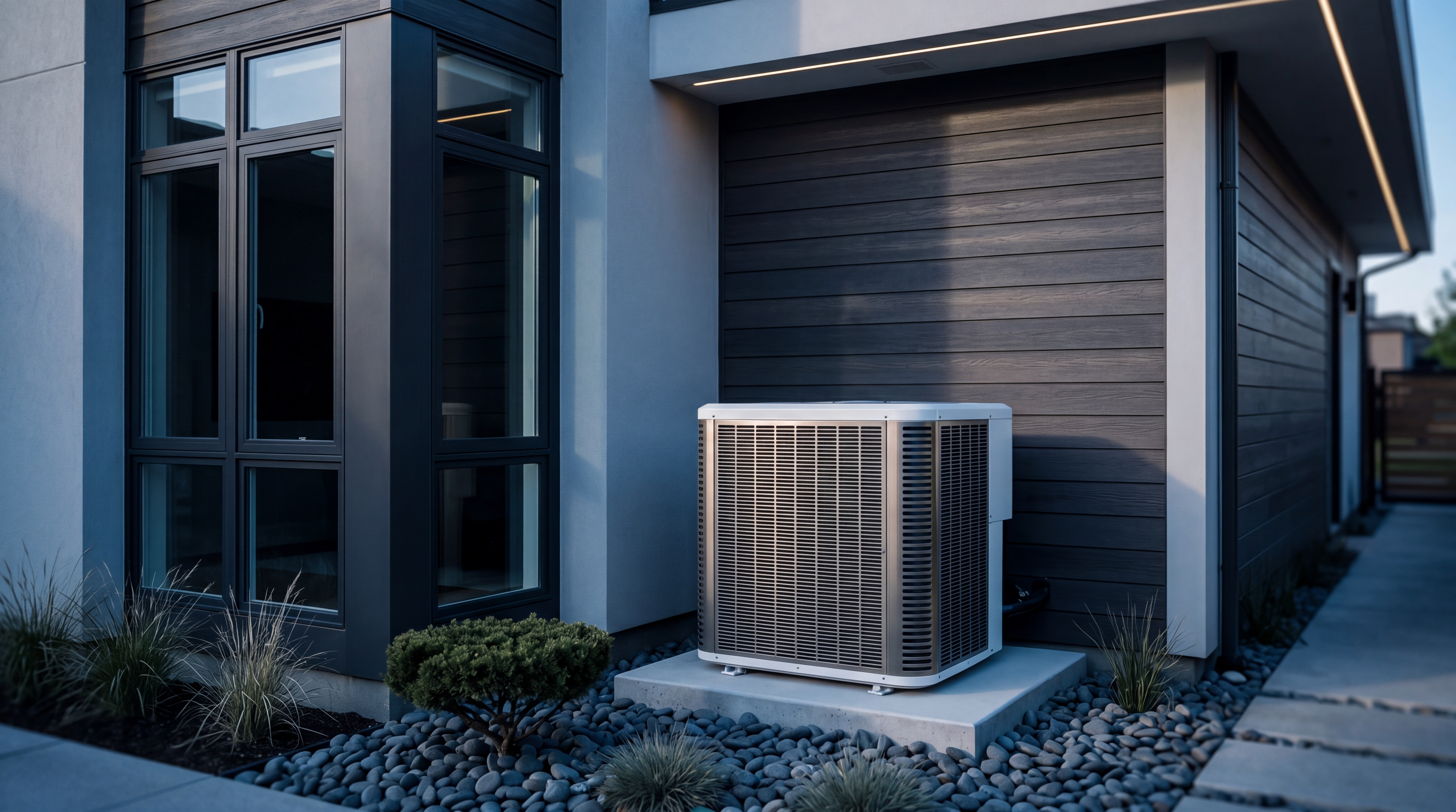 Residential air conditioning condenser unit at a modern home